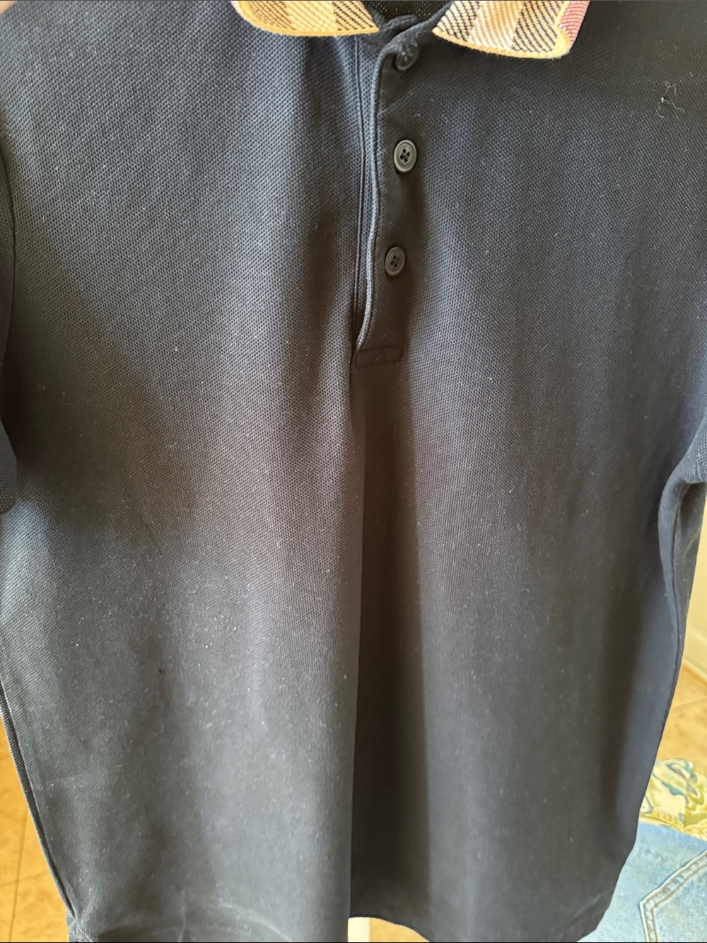 Burberry Black Polo with Signature Beige Check Collar - Picture 7 of 11